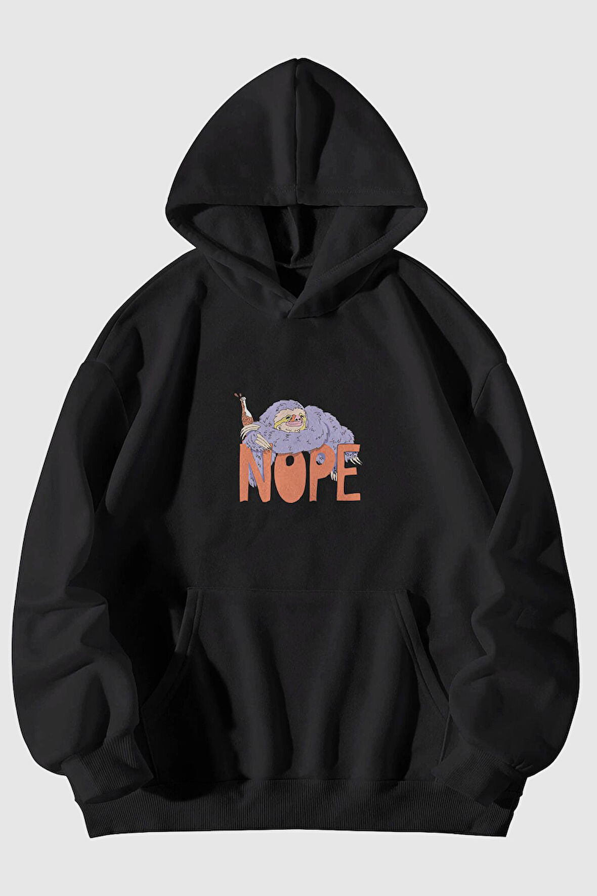 Nope Tembel Hayvan Baskılı Unisex Kanguru Cepli Kapüşonlu Sweatshirt Hoodie | L