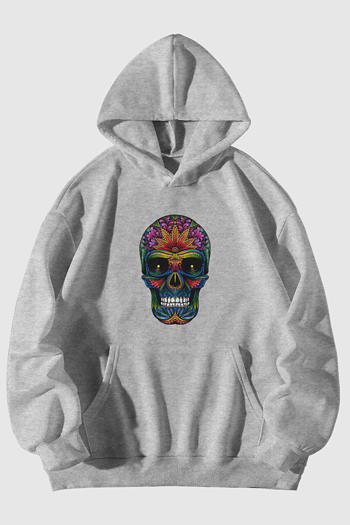 Renkli Kurukafa Baskılı Unisex Gri Kanguru Cepli Kapüşonlu Sweatshirt Hoodie | XL
