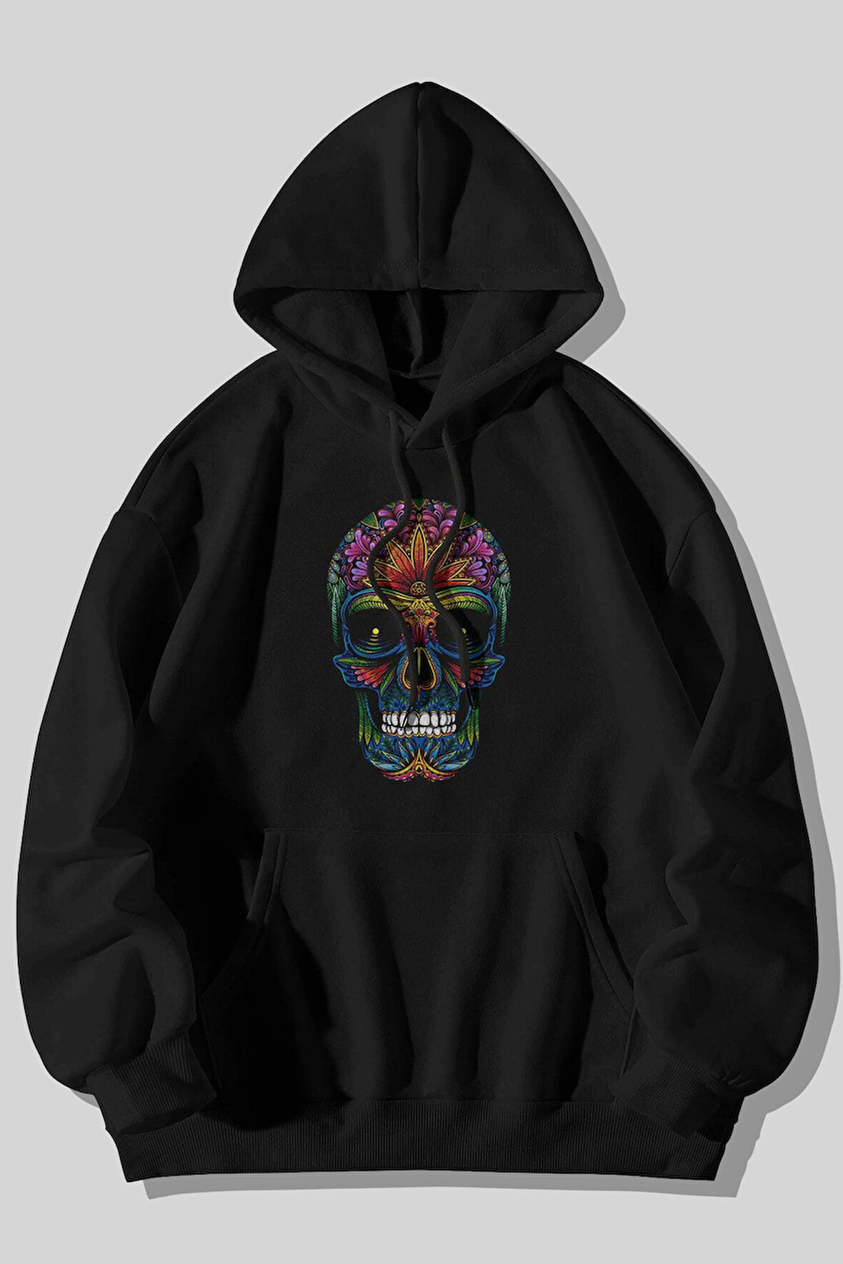 Renkli Kurukafa Baskılı Unisex Siyah Kanguru Cepli Kapüşonlu Sweatshirt Hoodie | XL
