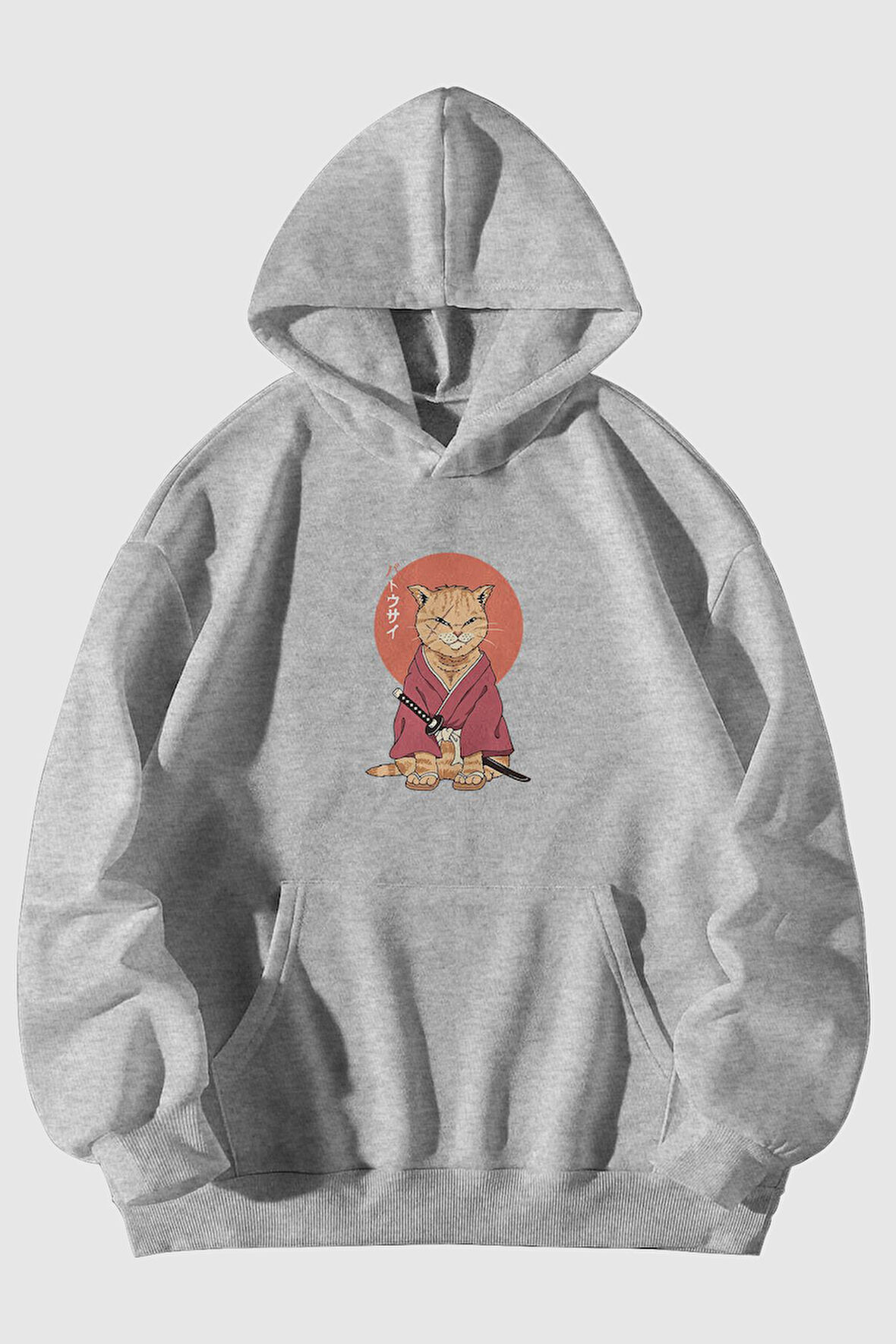 Samuray Kedi Baskılı Unisex Gri Kanguru Cepli Kapüşonlu Sweatshirt Hoodie | S