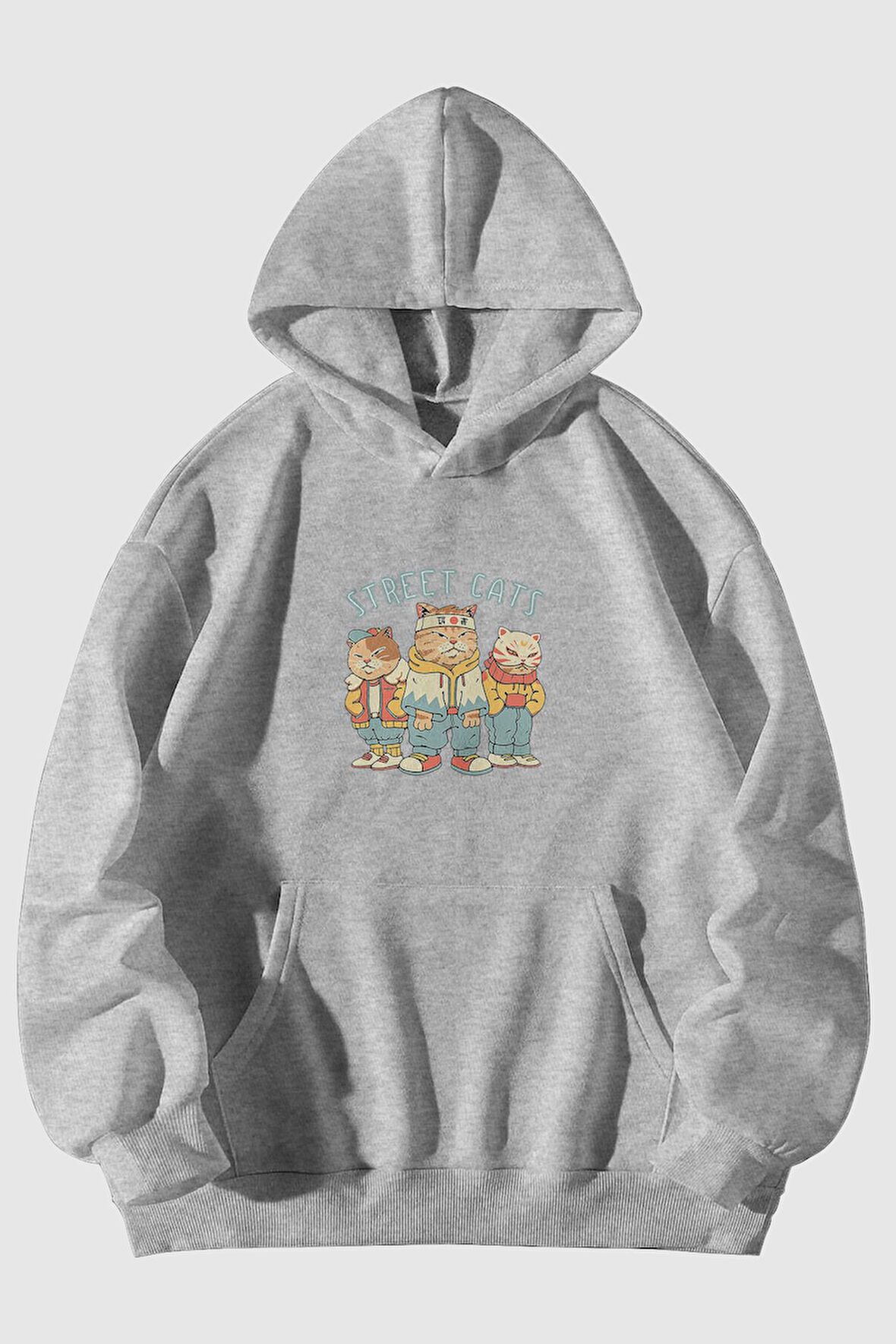 Sokak Kedileri Baskılı Unisex Kanguru Cepli Kapüşonlu Sweatshirt Hoodie | M