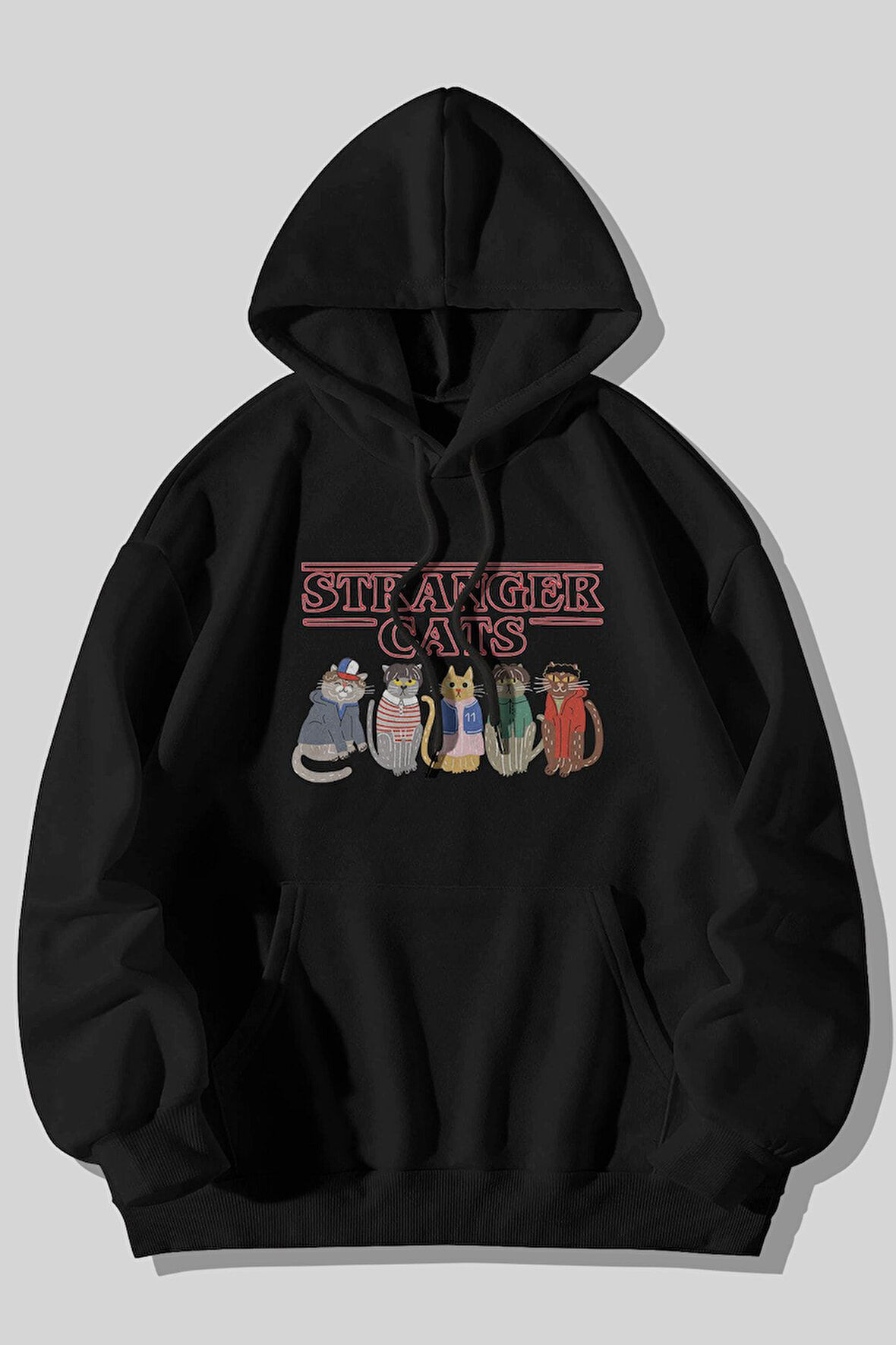 Stranger Things Stranger Cats Baskılı Unisex Siyah Kanguru Cepli Kapüşonlu Sweatshirt Hoodie | L