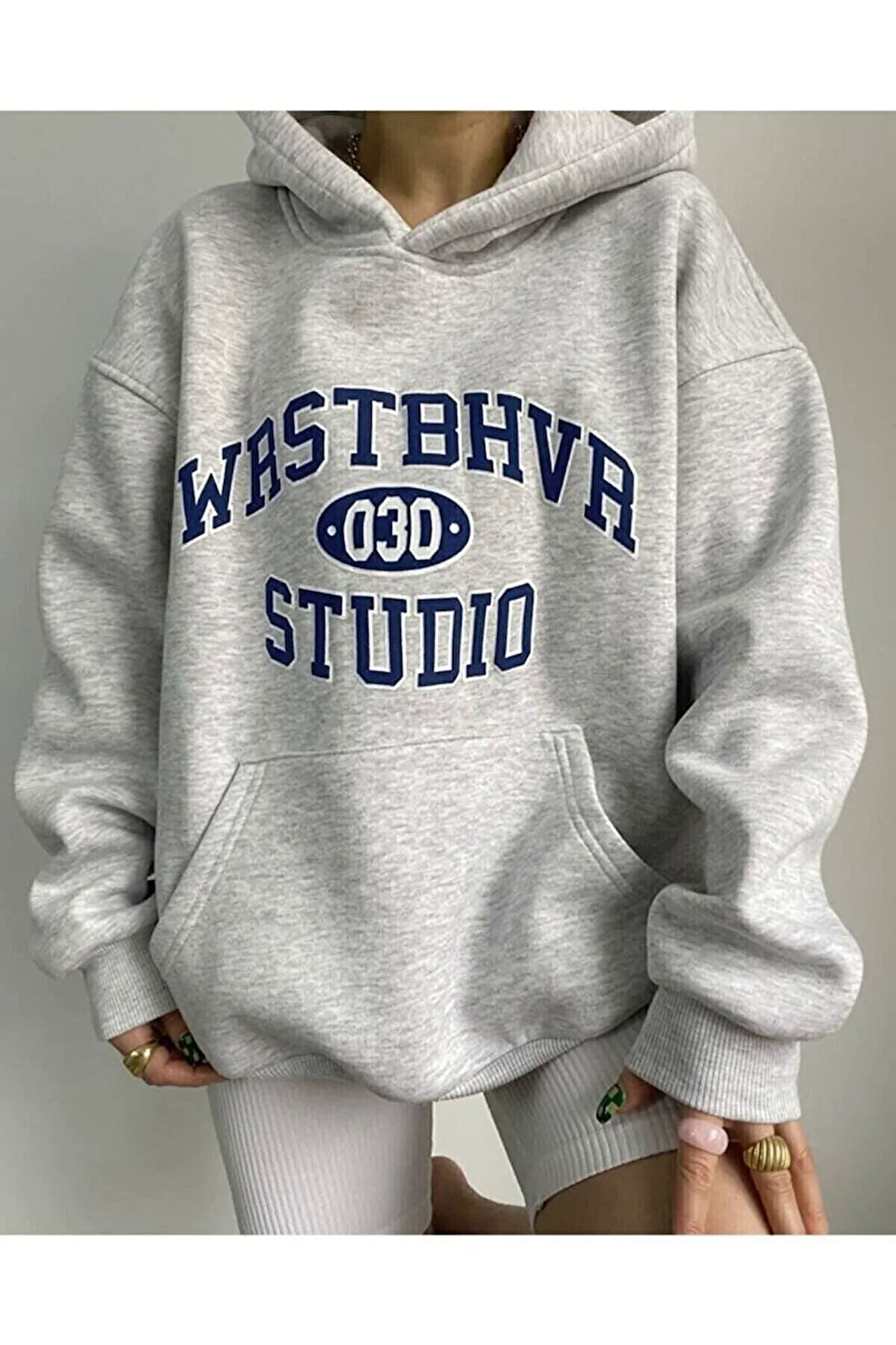 Studio Baskılı Unisex Gri Kanguru Cepli Kapüşonlu Sweatshirt Hoodie | XL