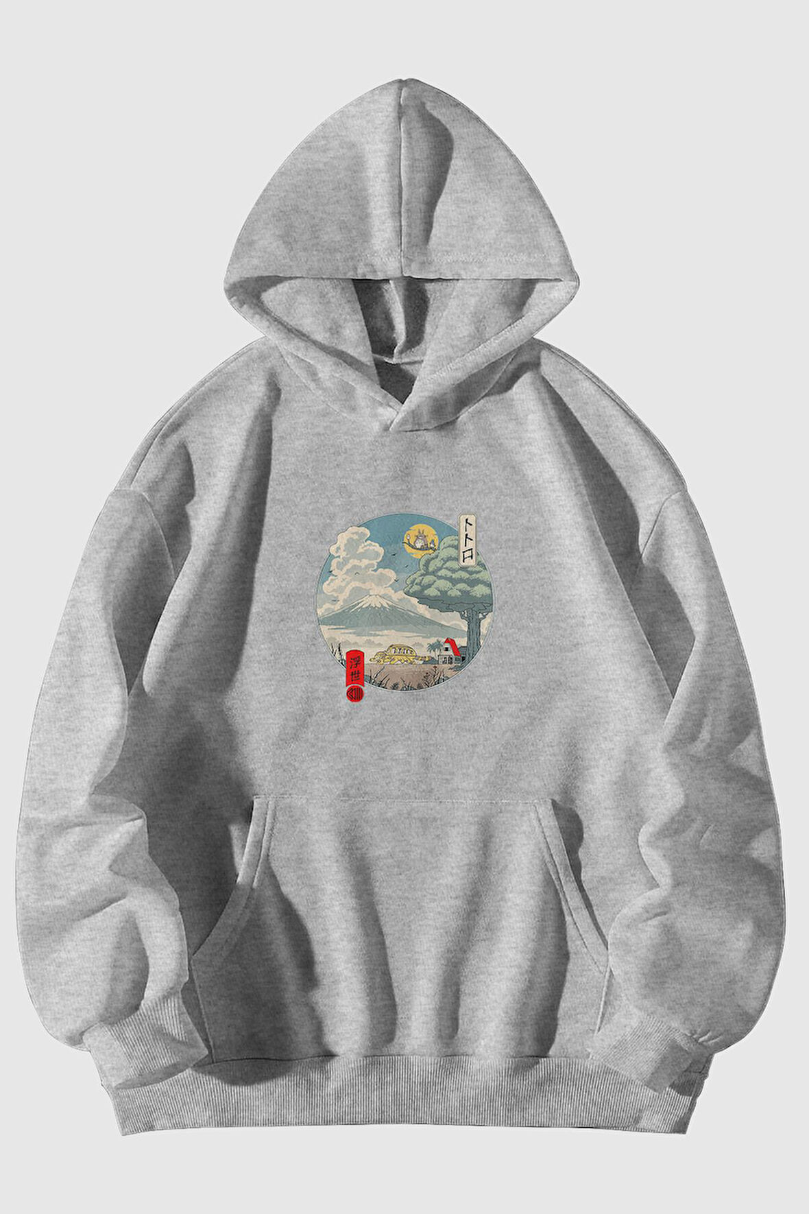 Totoro Baskılı Unisex Gri Kanguru Cepli Kapüşonlu Sweatshirt Hoodie | S