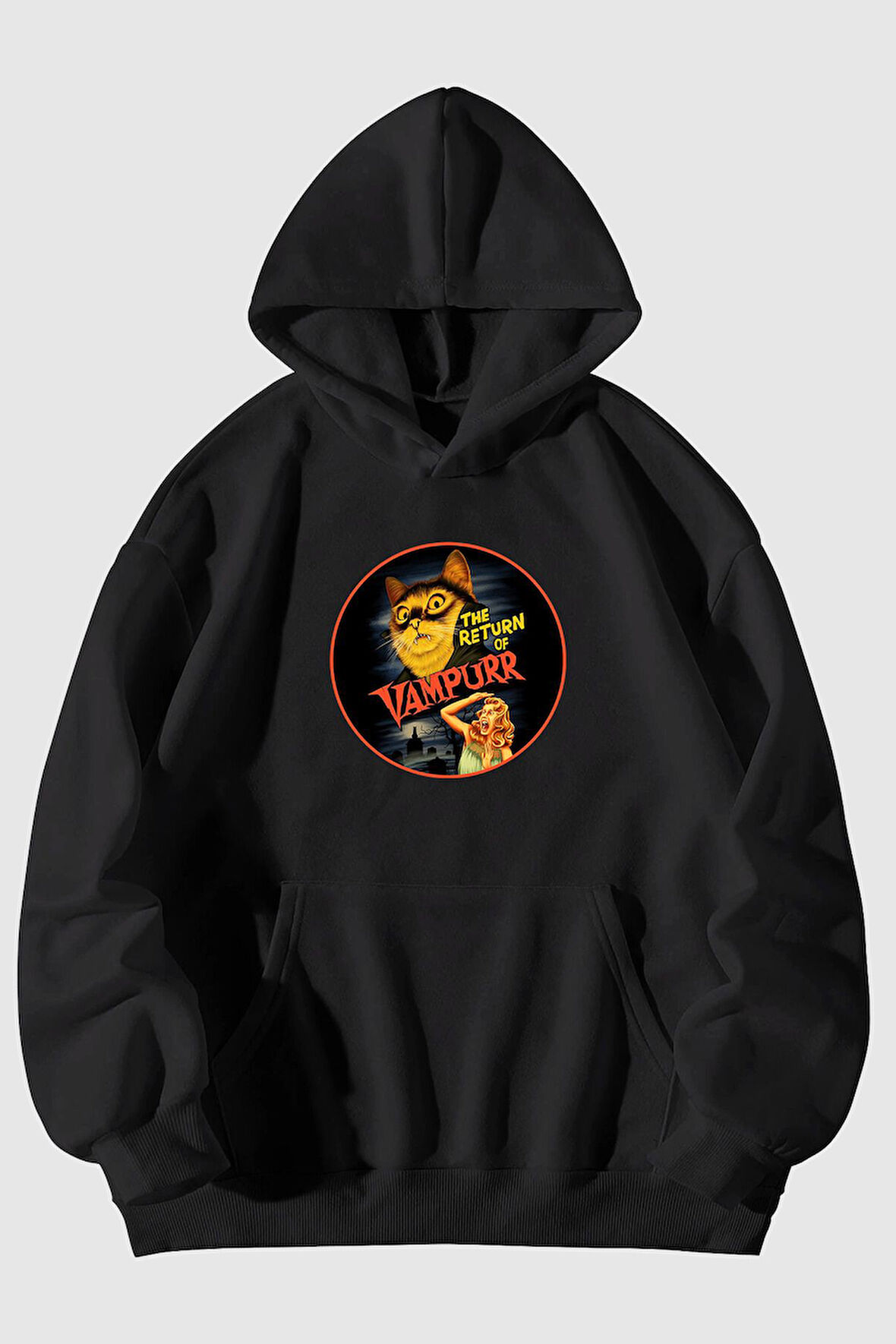 Vampur Kedi Baskılı Unisex Siyah Kanguru Cepli Kapüşonlu Sweatshirt Hoodie | XL