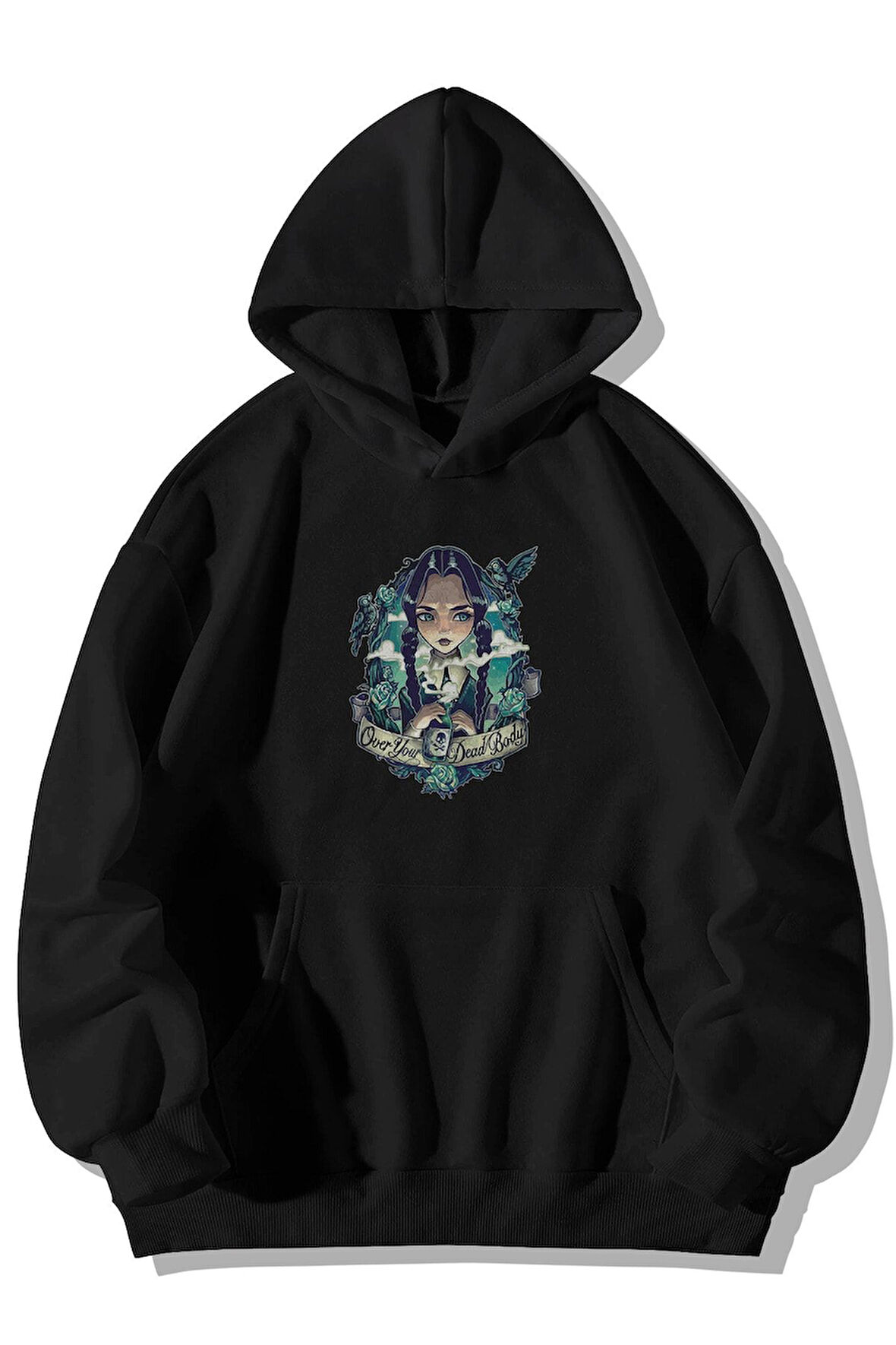 Wednesday Addams Baskılı Unisex Siyah Kanguru Cepli Kapüşonlu Sweatshirt Hoodie | L
