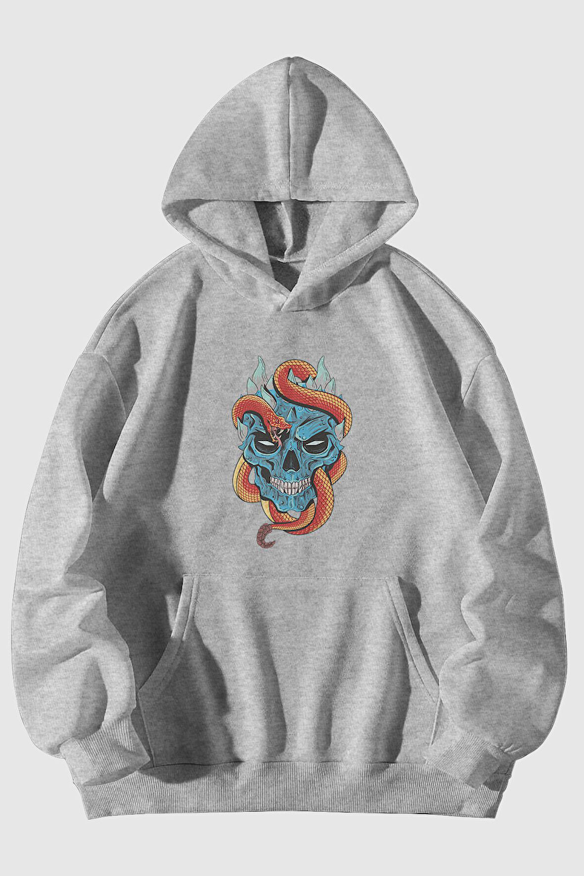 Yılan Kurukafa Baskılı Unisex Gri Kanguru Cepli Kapüşonlu Sweatshirt Hoodie | M