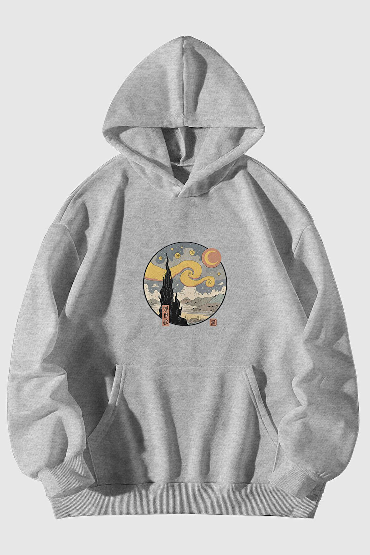 Yıldızlı Gece Baskılı Unisex Gri Kanguru Cepli Kapüşonlu Sweatshirt Hoodie | M