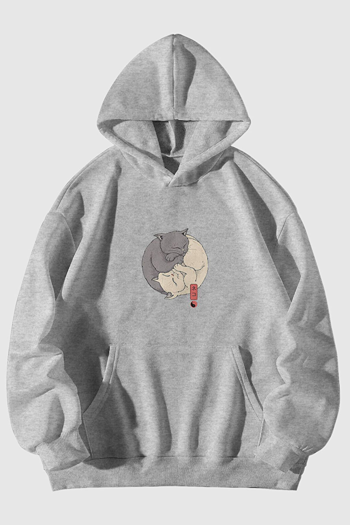 Ying Yang Kedi Baskılı Unisex Gri Kanguru Cepli Kapüşonlu Sweatshirt Hoodie | S