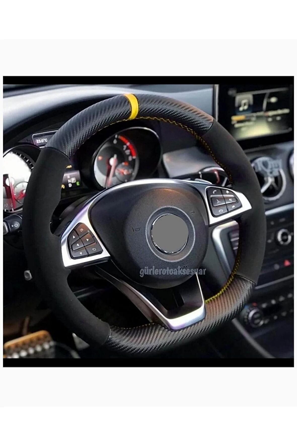 Renault Symbol Uyumlu,dikmeli Direkdiyon Kılıfı Alkantara Karbon Sarı