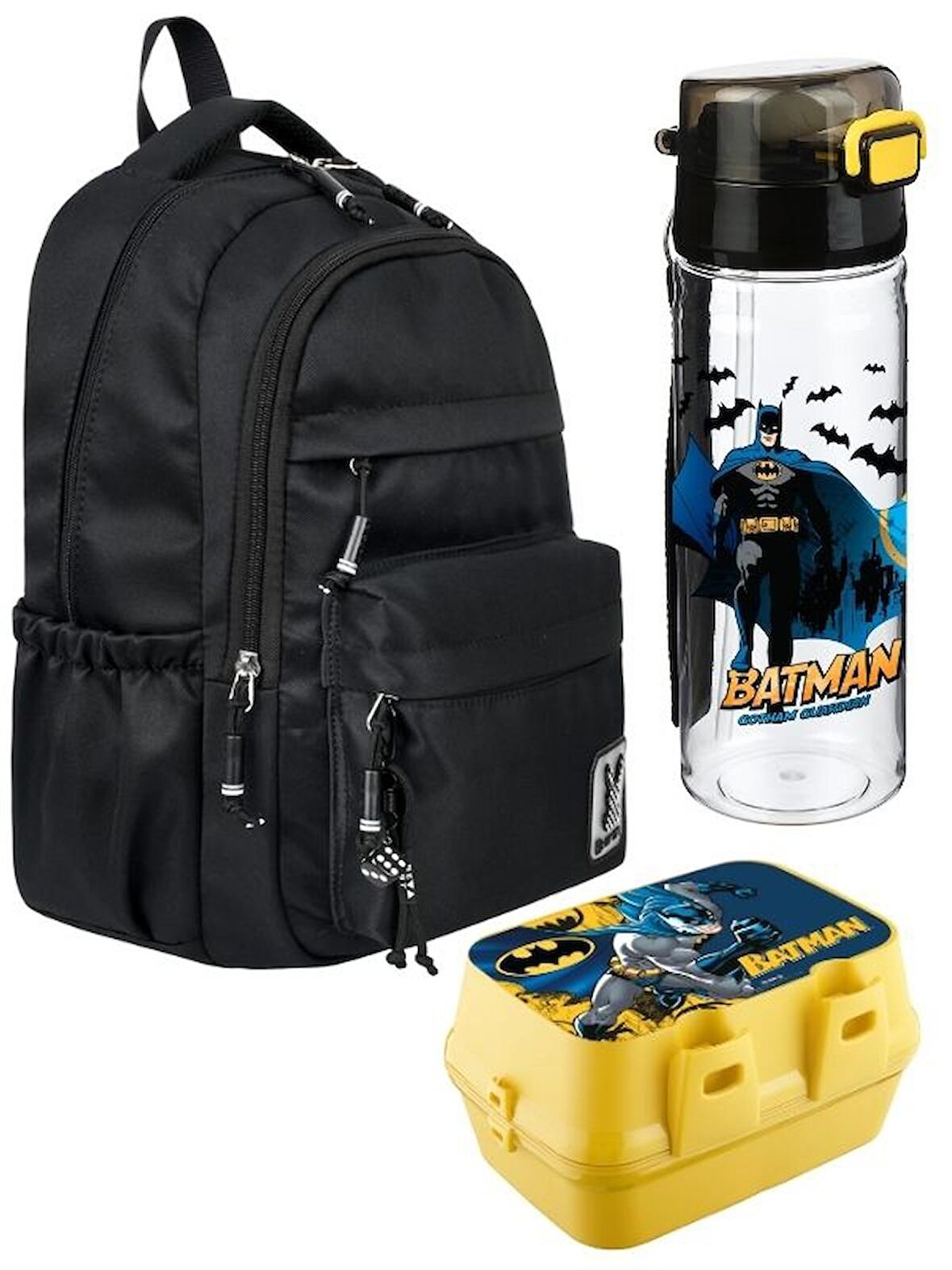 SİYAH OKUL ÇANTASI 3'LÜ SET Su Itici Özel Kumaş Hafif Sırt Çantası  BATMAN SULUK ve BESLENME