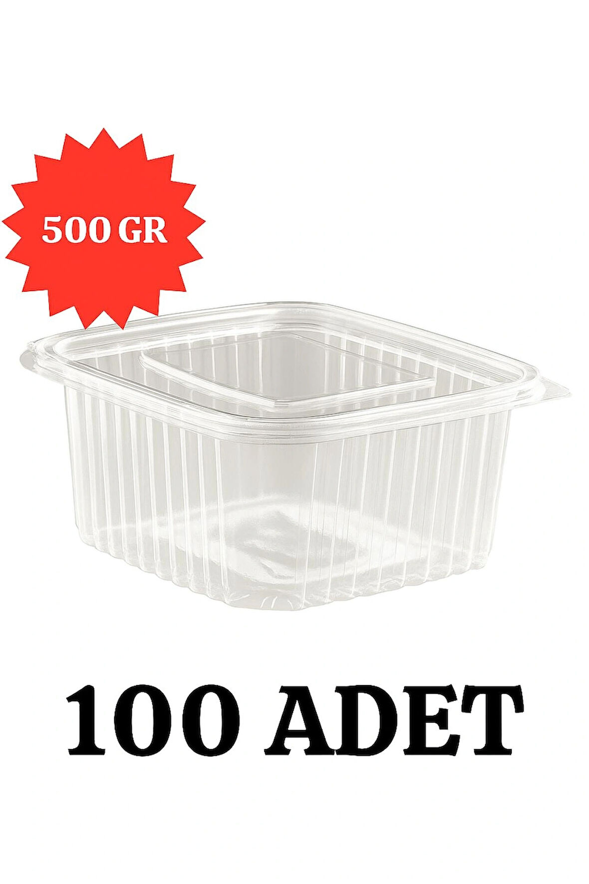 Sızdırmaz Düz Kapaklı Şeffaf Plastik Kap – 500 cc gr kapasiteli, 100 Adet, Gıda Saklama ve Servis Kabı