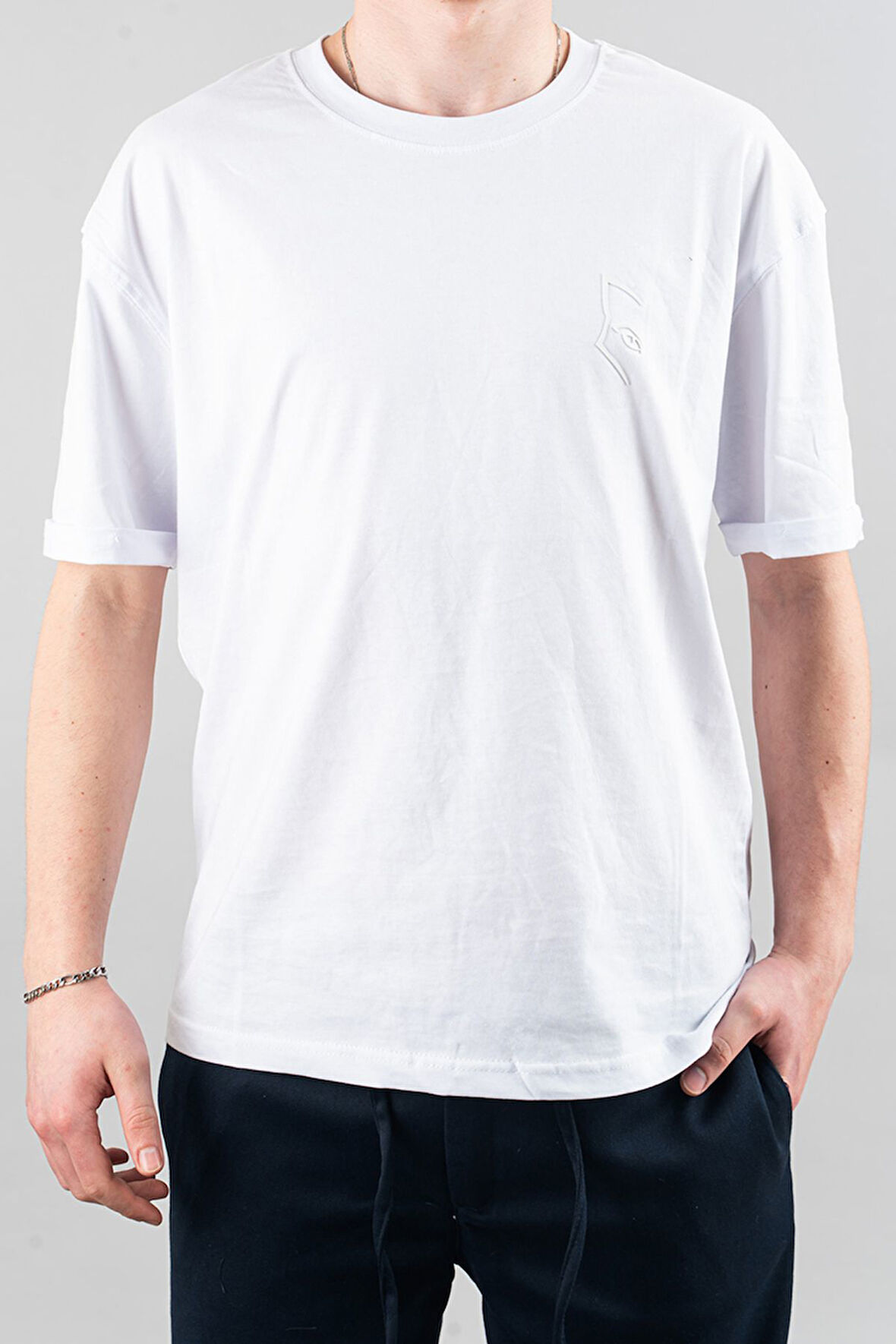 Erkek Özel Bisiklet Yaka Tişört Basic Yarı Owersize Düz Baskılı T-Shirt