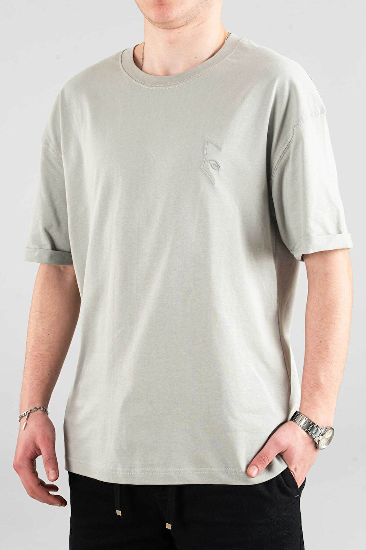 Erkek Özel Bisiklet Yaka Tişört Basic Yarı Owersize Düz Baskılı T-Shirt
