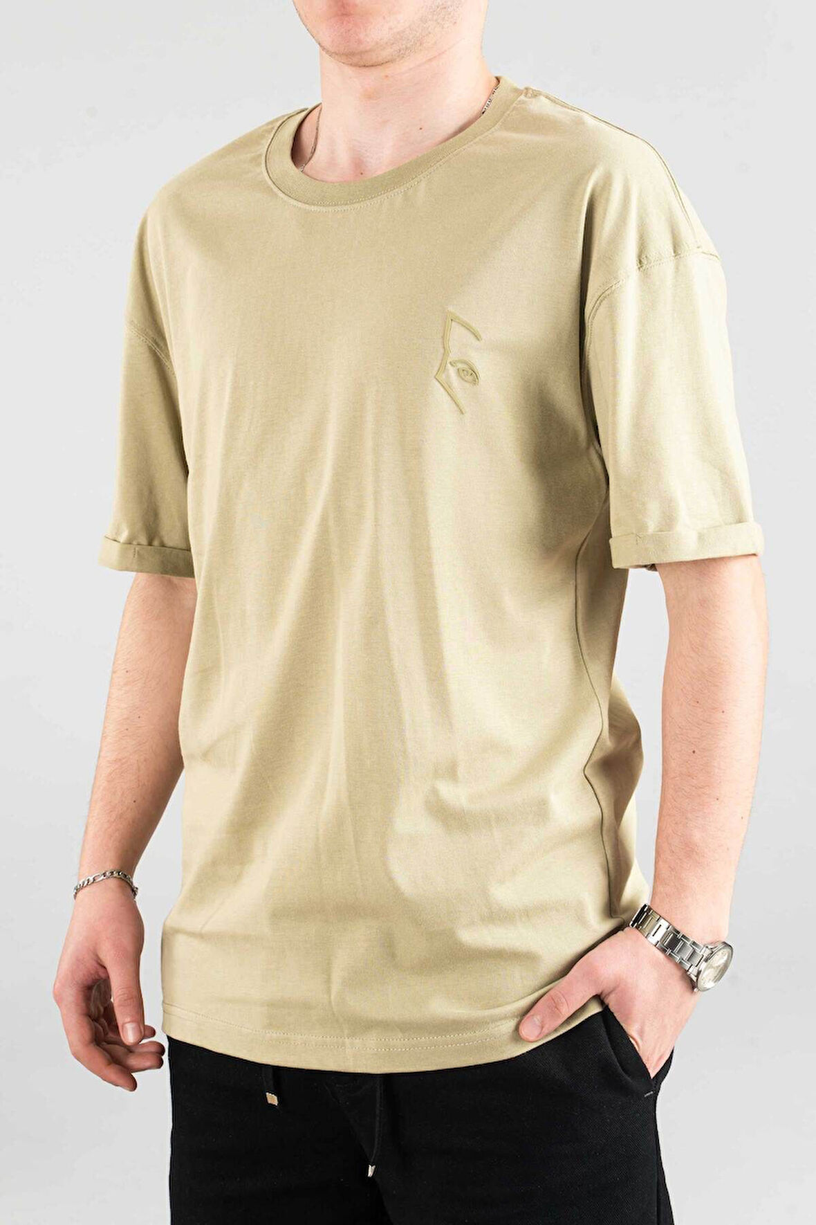 Erkek Özel Bisiklet Yaka Tişört Basic Yarı Owersize Düz Baskılı T-Shirt