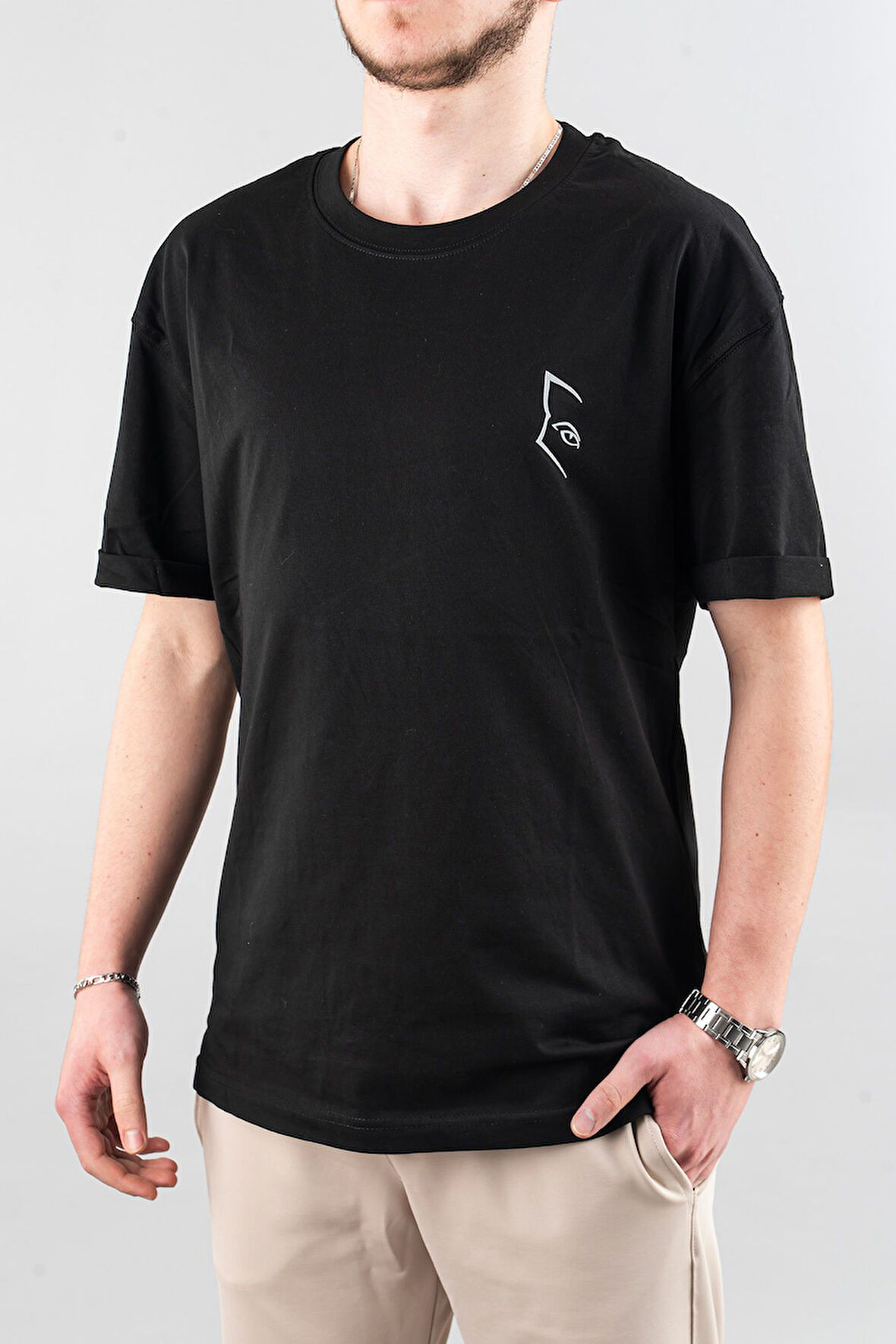 Erkek Özel Bisiklet Yaka Tişört Basic Yarı Owersize Düz Baskılı T-Shirt