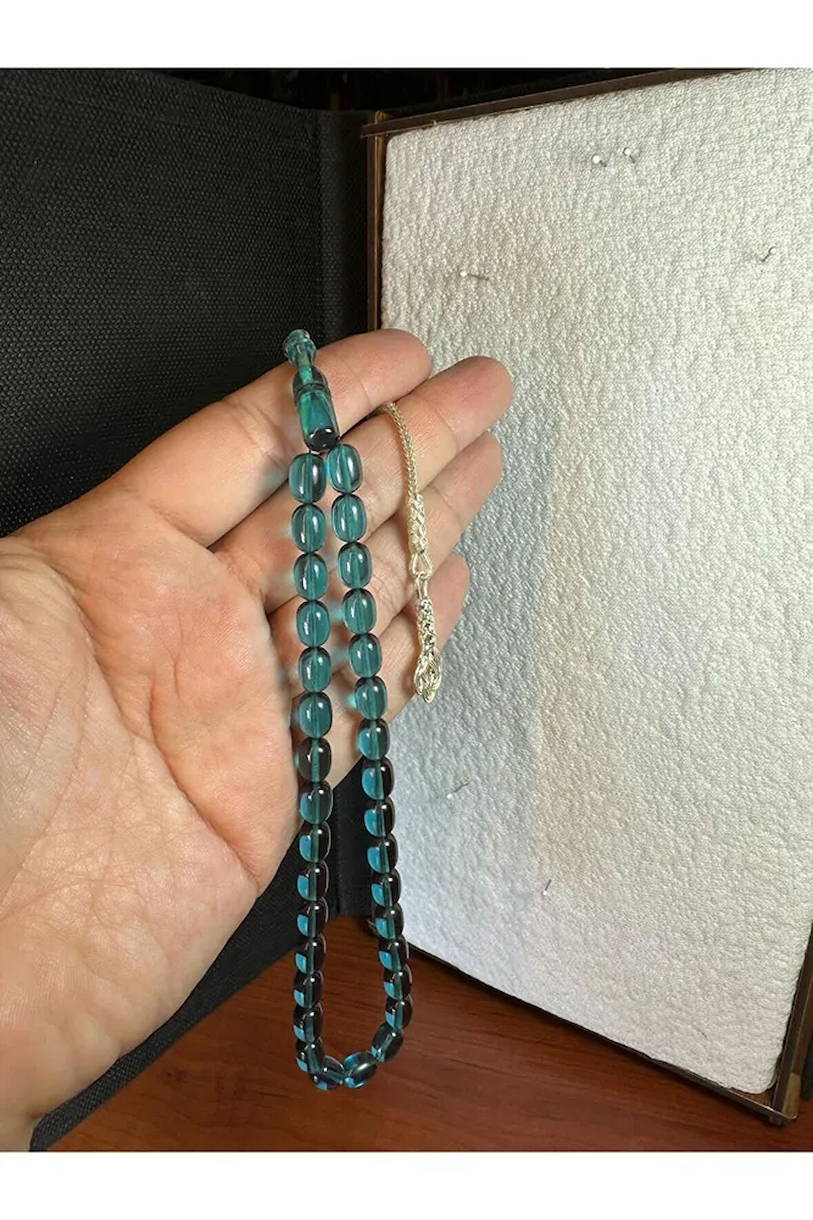 ATEŞ KEHRİBAR TESBİH KAPSÜL KESİM 7 X 11MM ŞEFFAF/MAVİ T-257