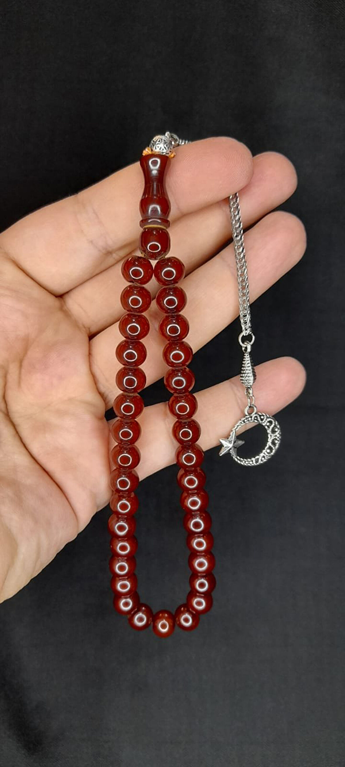 ÇUBUK KEHRİBAR TESBİH KAHVERENGİ RENK KÜRE KESİM T-388