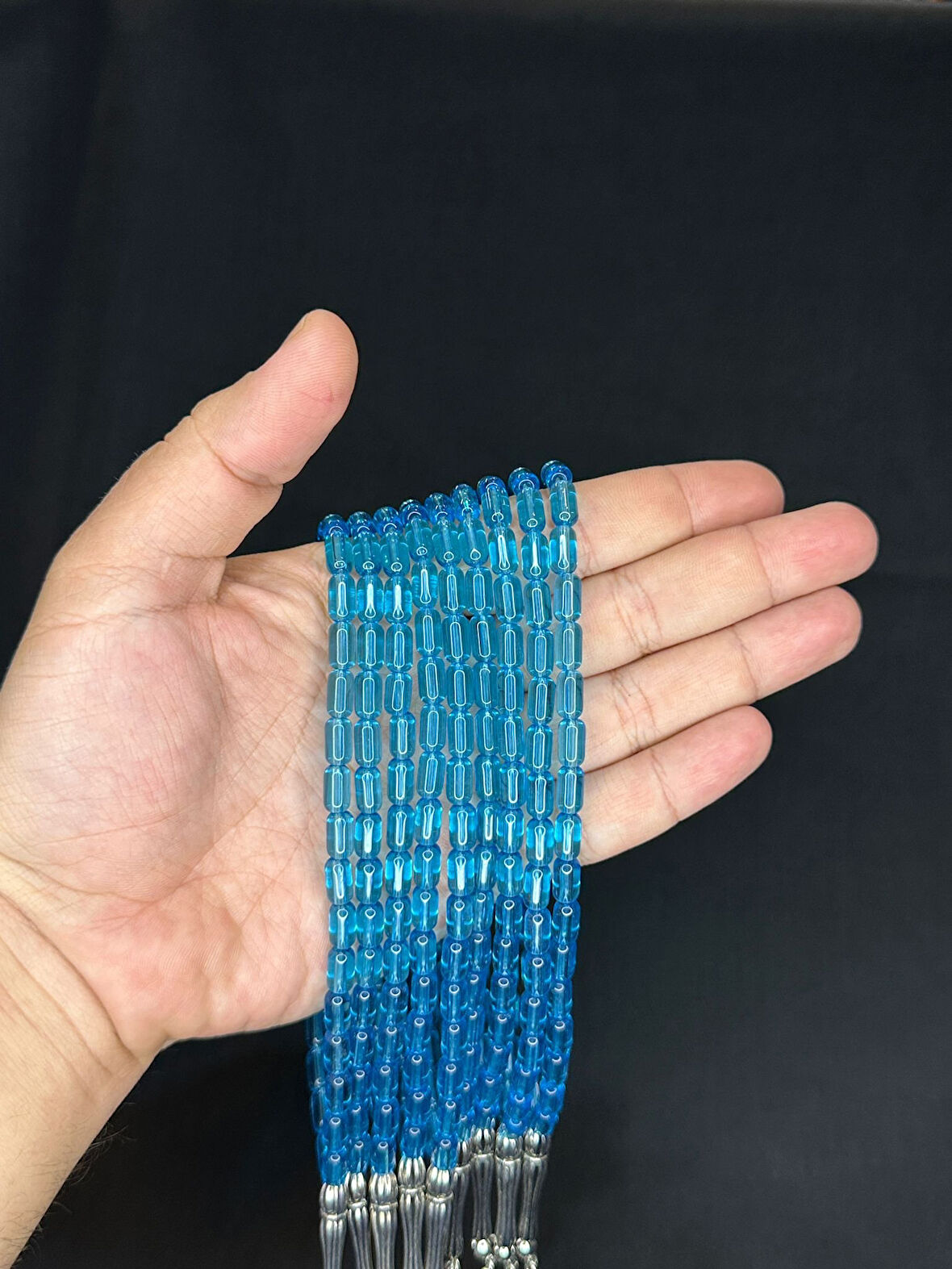 9 ADET CAM TESBİH TEK TEK HEDİYE KUTUSUNDA MAVİ RENK T-508-9