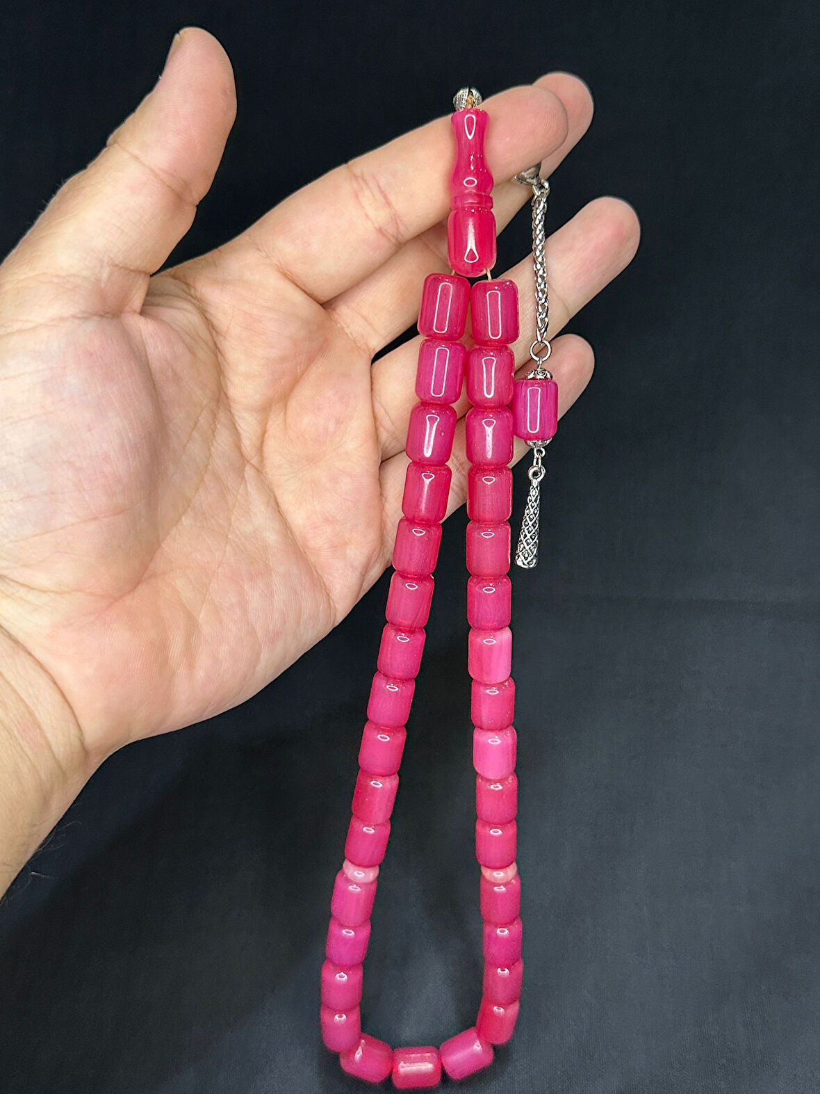 SIKMA KEHRİBAR TESBİH BÜYÜK BOY PEMBE RENK 14MM X 11MM T-518