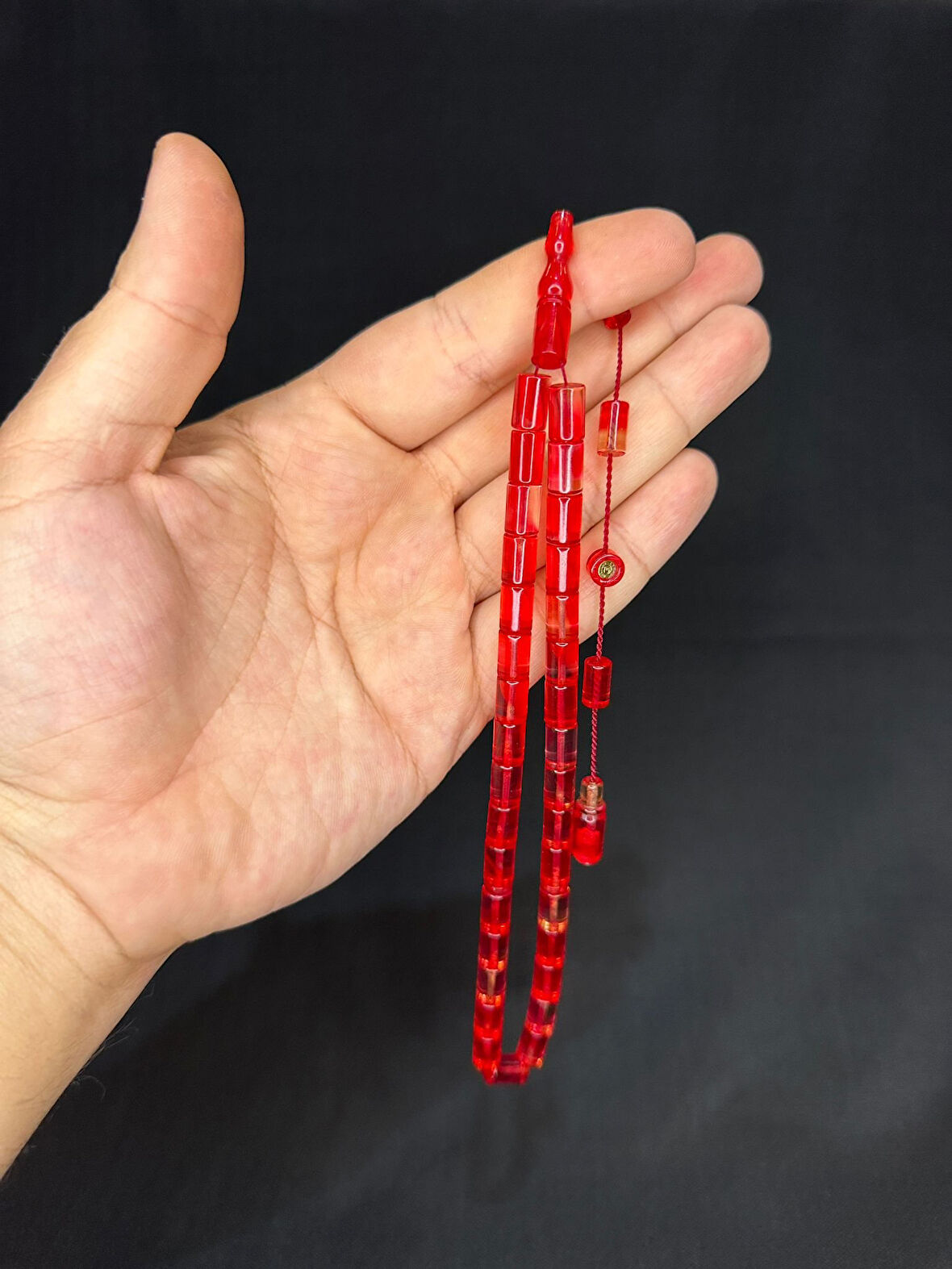 ATEŞ KEHRİBAR TESBİH KESME KESİM KIRMIZI-PEMBE RENK 10MM X 7MM T-524