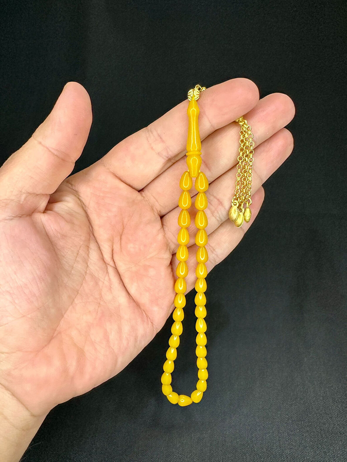 SIKMA KEHRİBAR TESBİH DAMLA KESİM KÜÇÜK BOY SARI RENK 6MM X 9MM T-539