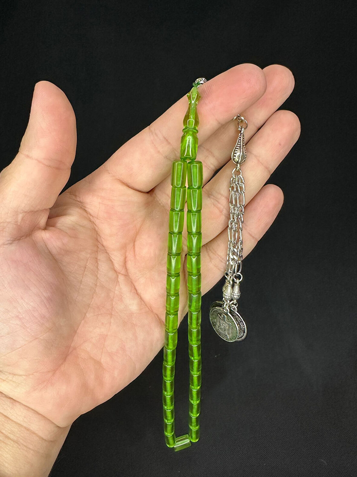 ATEŞ KEHRİBAR TESBİH YEŞİL RENKLİ KESME KESİM 10,5MMX6,5 T-585