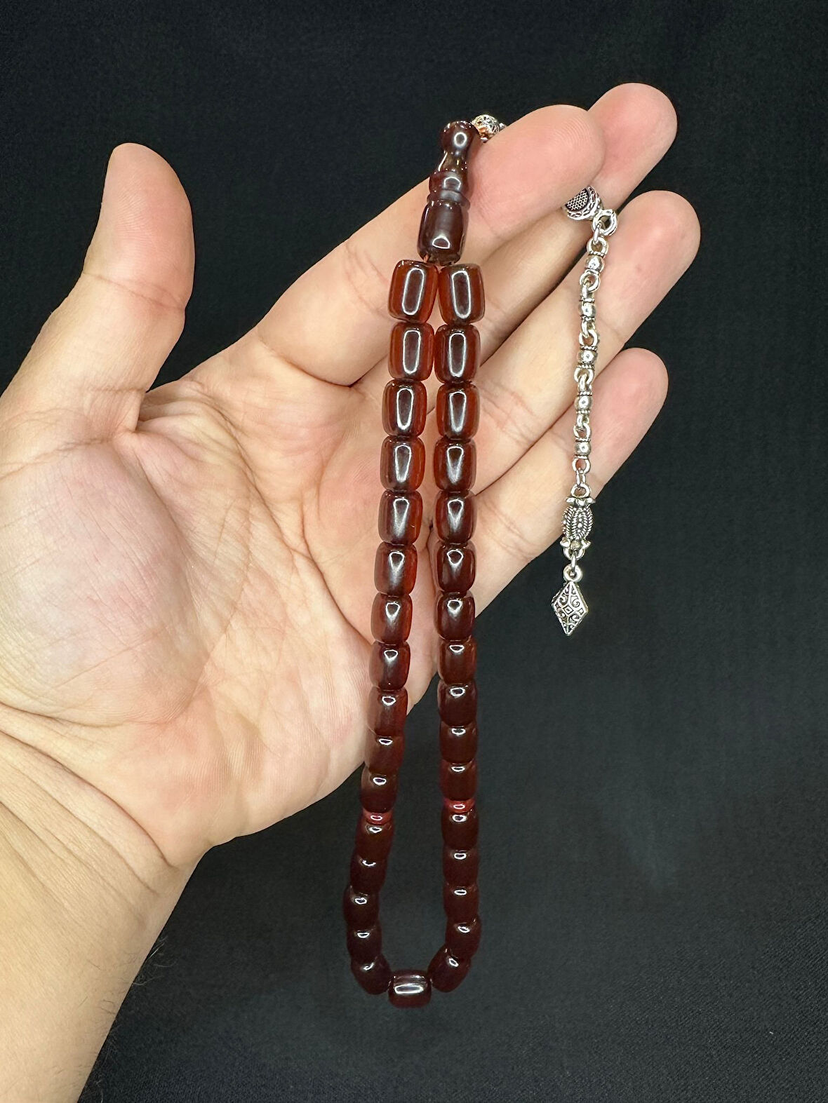 TOZ KEHRİBAR TESBİH KAHVERENGİ RENKLİ KAPSÜL KESİM 10,5MMX8,5 T-587