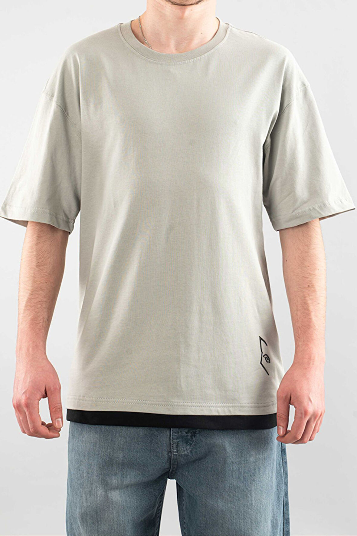 Erkek Özel Bisiklet Yaka Tişört Basic Yarı Owersize Düz Baskılı T-Shirt