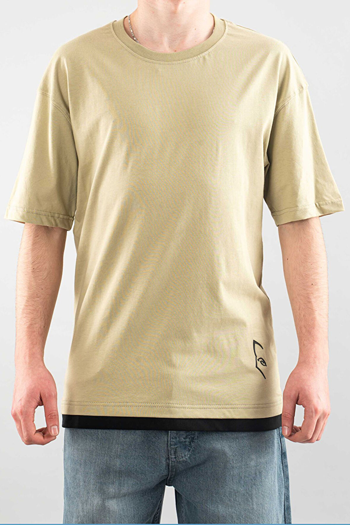 Erkek Özel Bisiklet Yaka Tişört Basic Yarı Owersize Düz Baskılı T-Shirt