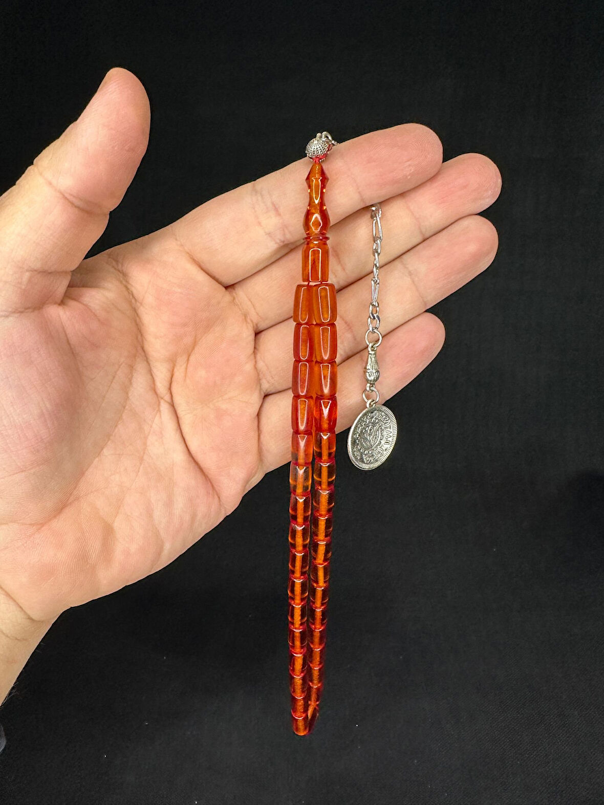 ATEŞ KEHRİBAR TESBİH AÇIK TURUNCU RENKLİ KESME KESİM 10,5MMX6MM T-663