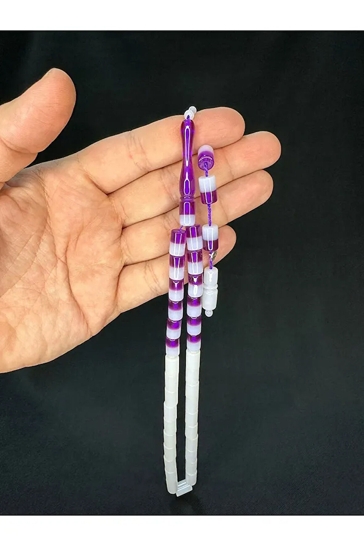 MOR BEYAZ GEÇİŞLİ TOZ KEHRİBAR TESBİH KESME KESİM 11MMX7MM T-693