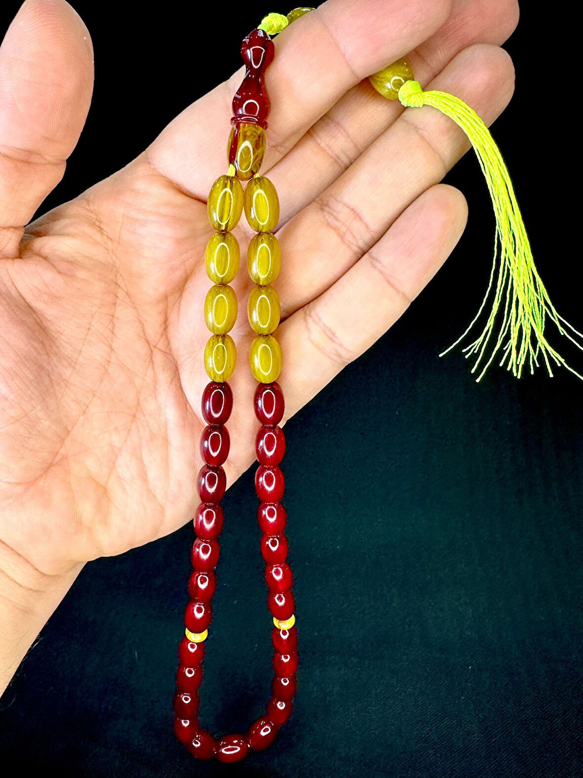BORDO SARI OSMANLI BENZETME SIKMA KEHRİBAR TESBİH 8MMX12MM T-751