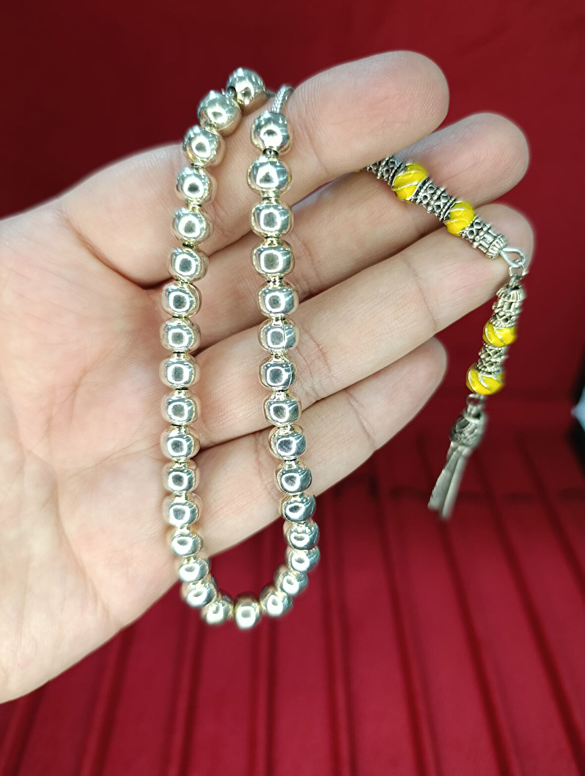 GÜMÜŞ KAPLAMA METAL TESBİH NAKKAŞ İMAME 8MM KÜRE KESİM T-809