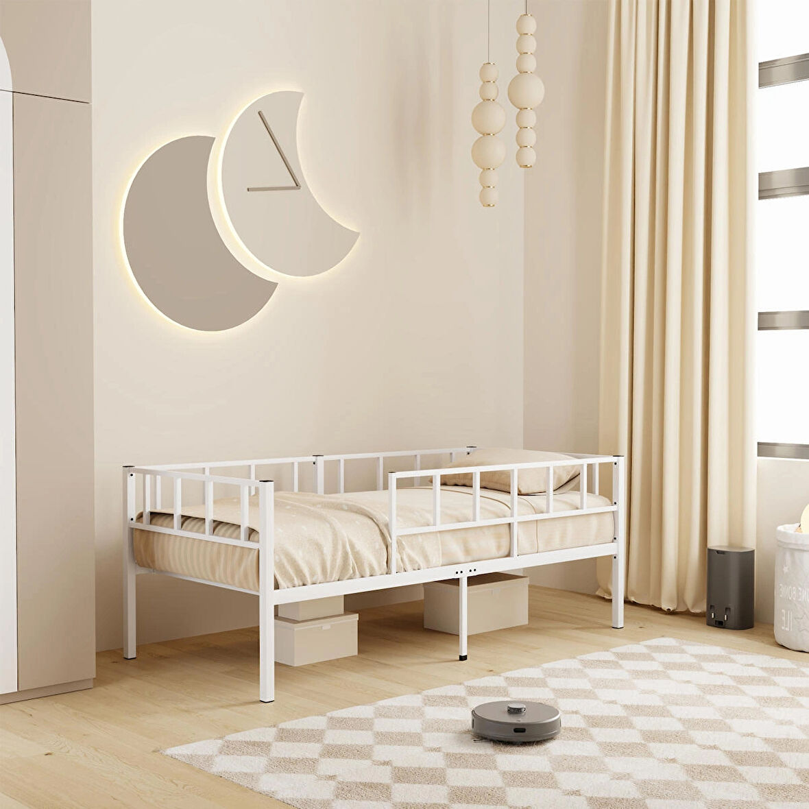 Daybed, Zenit Metal Karyola Beyaz, Korkuluklu Karyola, Ölçü Seçenekli