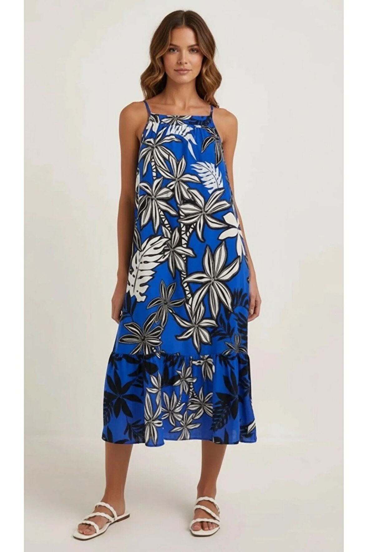 Kadın Yaprak Desenli Askılı Viskon Elbise