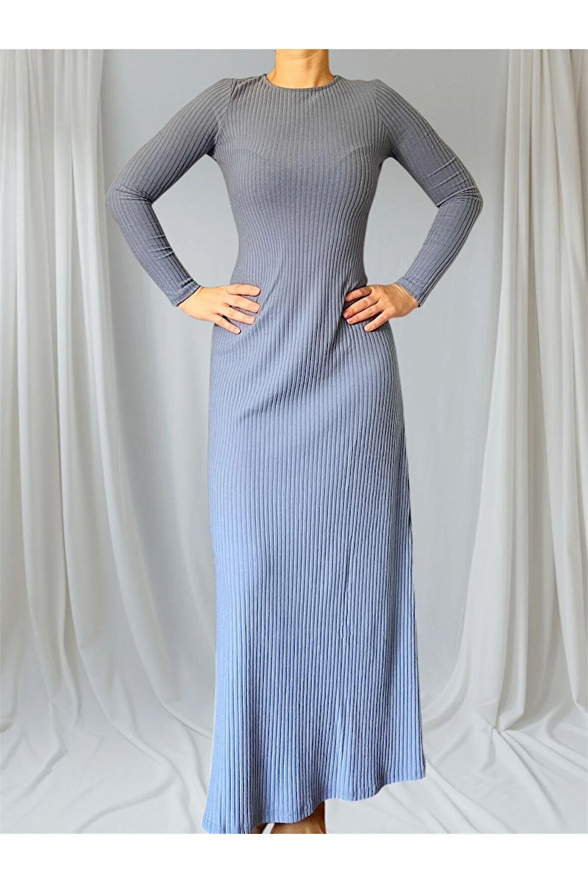 Kadın Şardonlu Likralı Fitilli Bisiklet Yaka Uzun Kalem Elbise