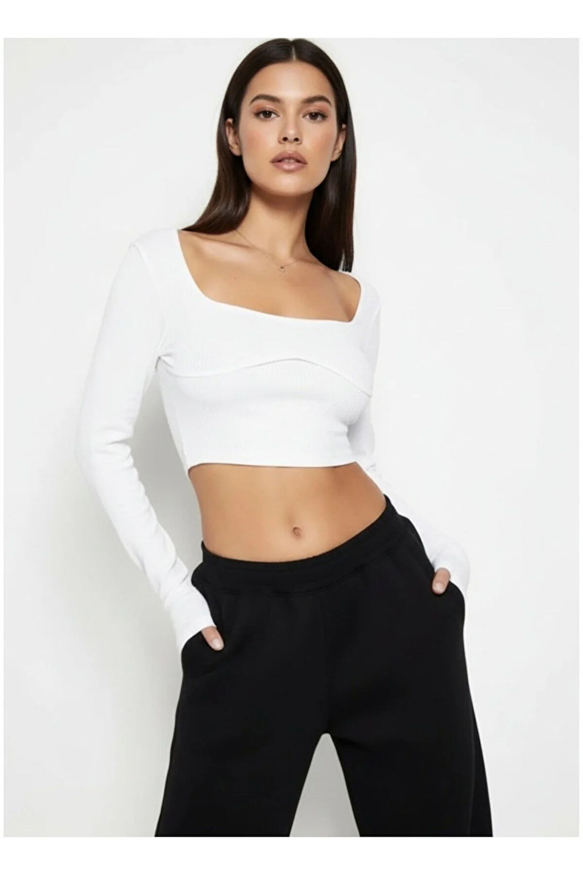 Kadın Dikiş Detaylı Uzun Kollu Crop Bluz