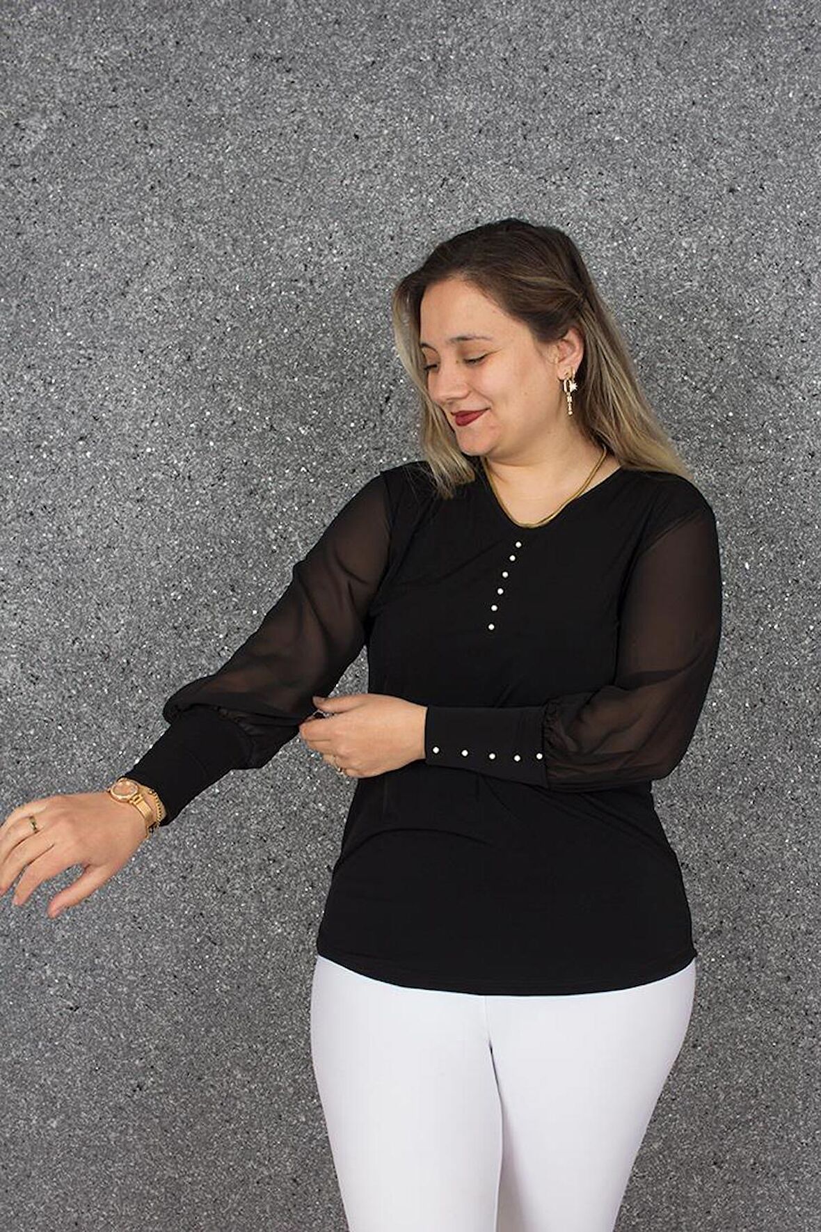 Truva Xxl Büyük Beden İncili Kol Tül Bluz Siyah B079