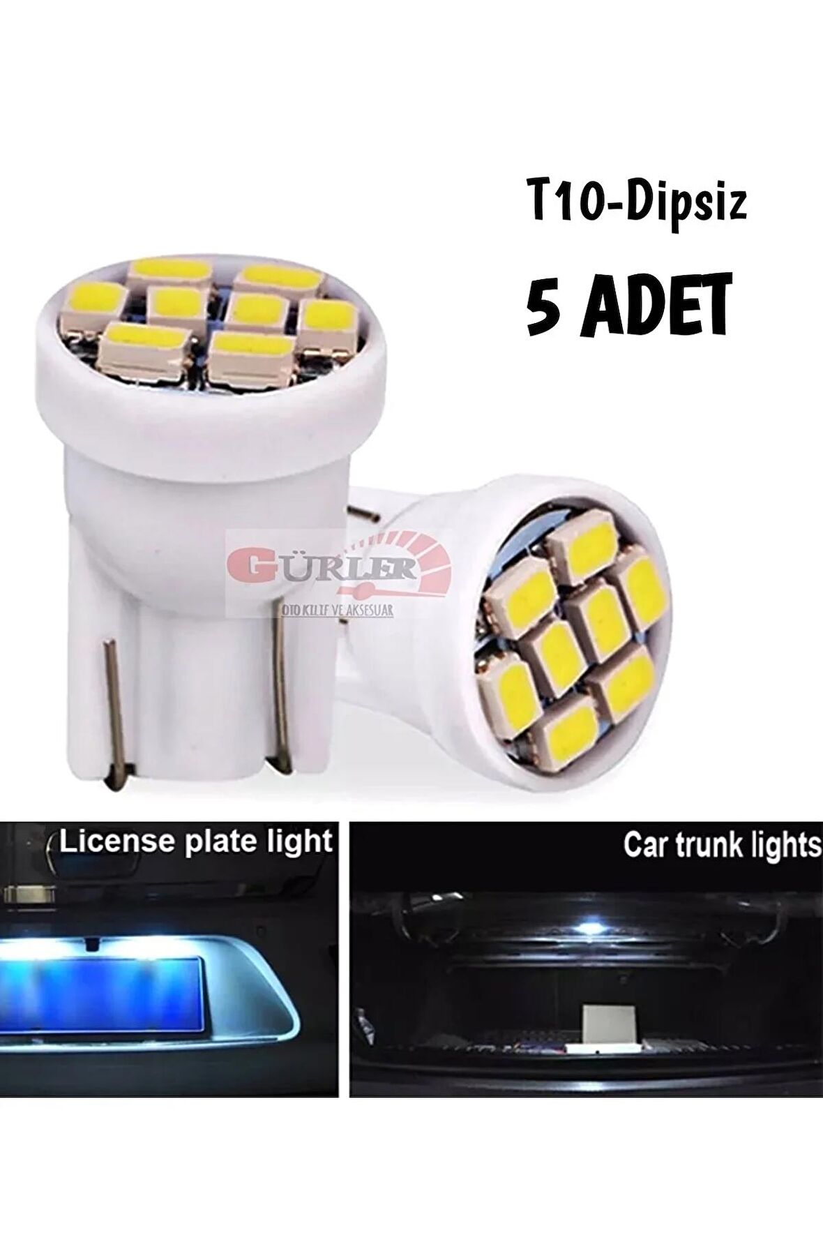 5 Adet T10 Dipsiz W5w 8 Ledli Beyaz Park Tavan Plaka Ampülü