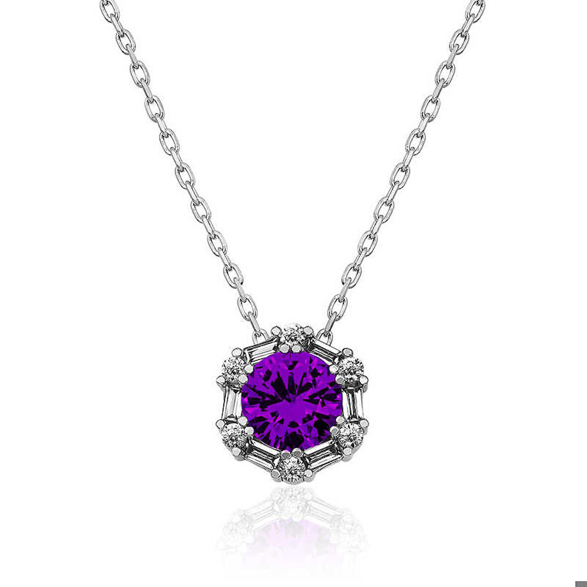 925 Ayar Gümüş Menekşe Moru Baget Taşlı Kadın Gümüş Kolye