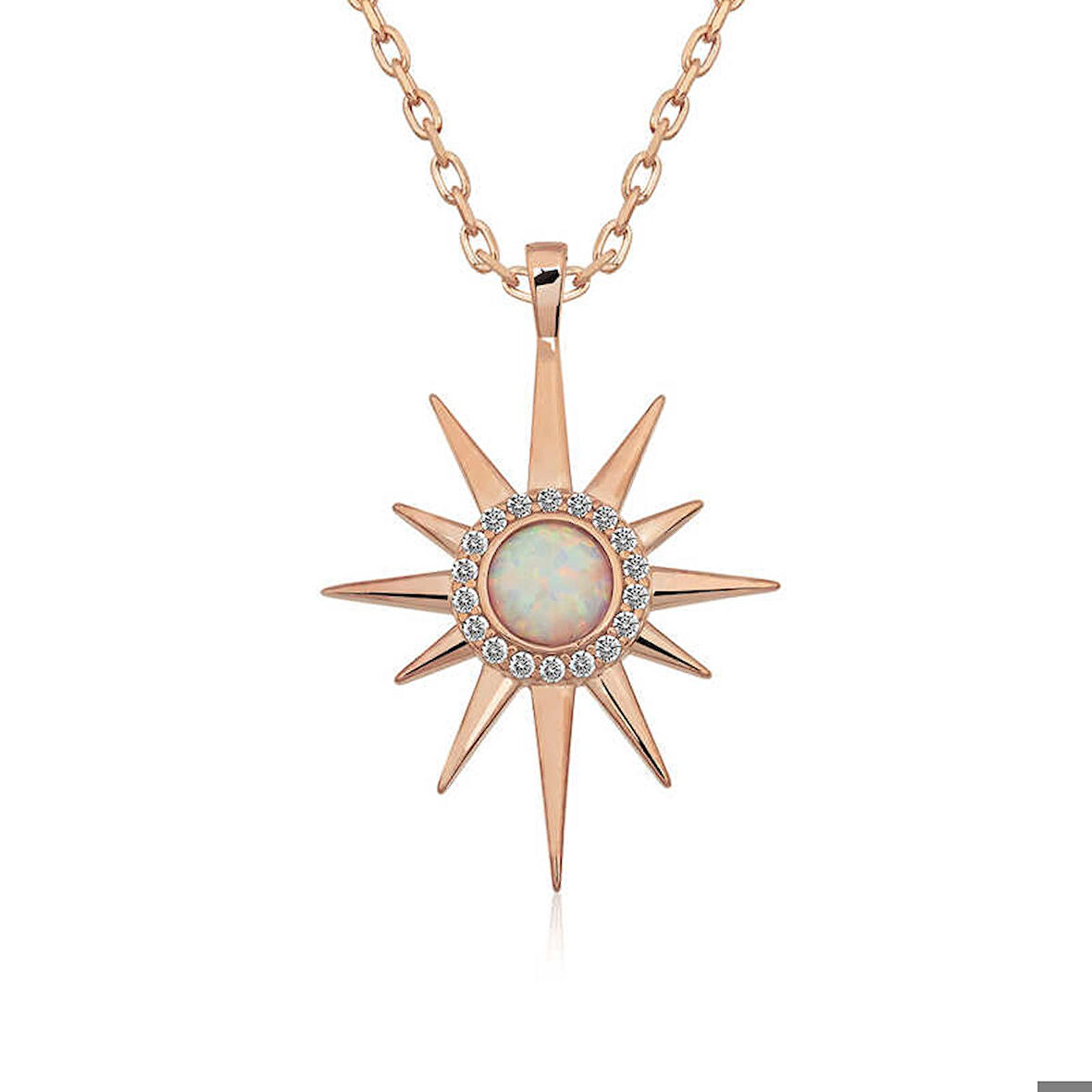 925 Ayar ​Gümüş Rose Beyaz Opal Taşlı Kutup Yıldızı Kolye