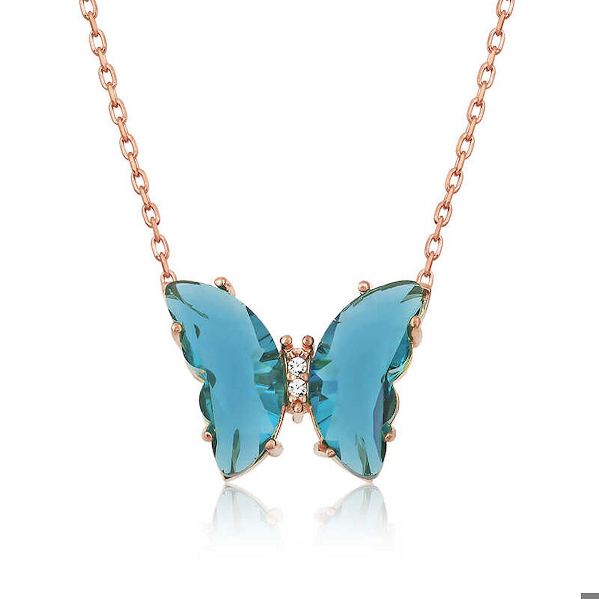 925 Ayar Gümüş Rose Turkuaz Cam Kelebek Kolye