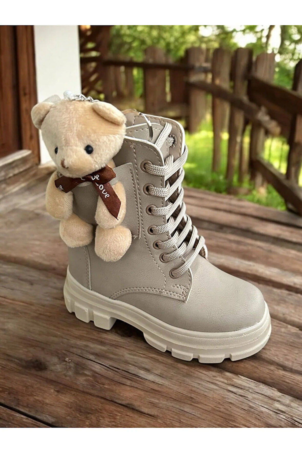 Ayıcıklı Soğuk Geçirmez Kaymaz Taban Kız Çocuk Bot, Fermuarlı Kız Çocuk Krem Bot, Bej Çocuk Bot BEJ / 32