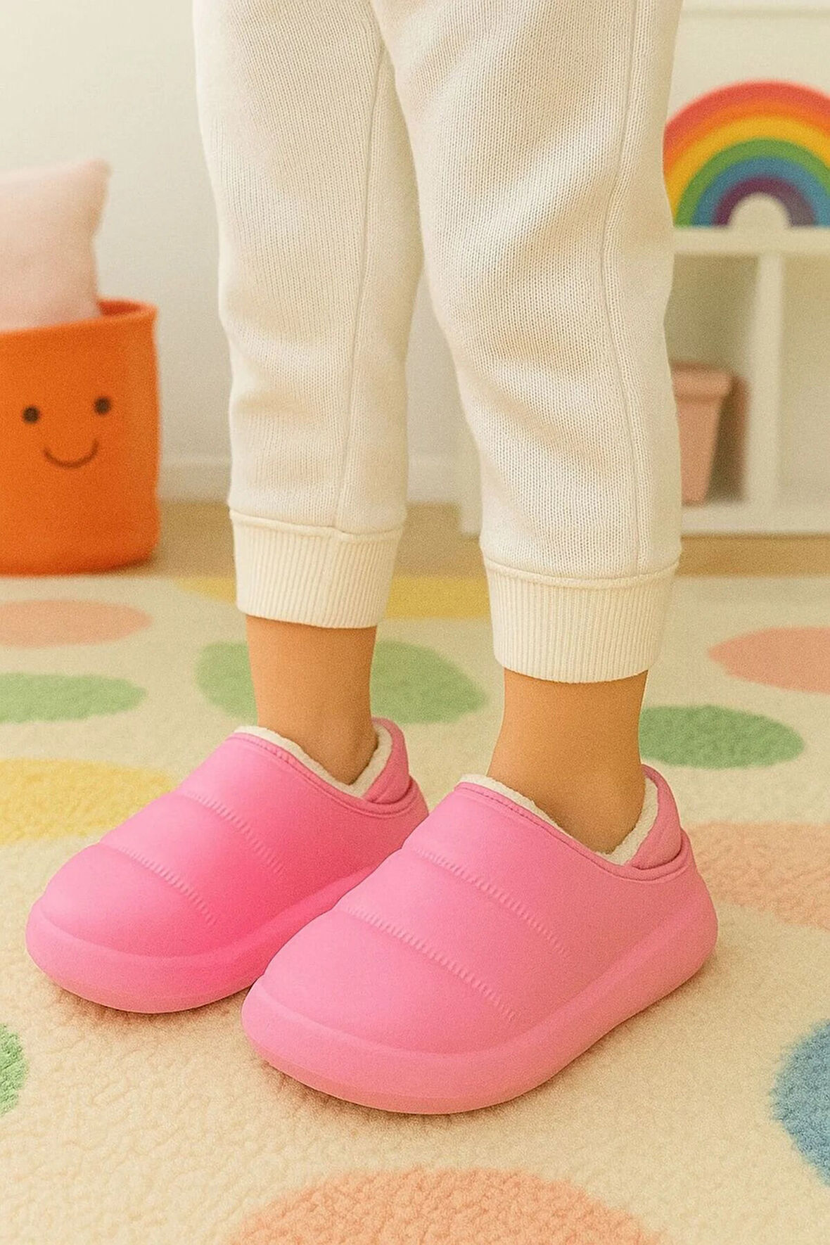 Peluş İçi Yünlü Kışlık Panduf Pembe Çocuk Ev Terliği