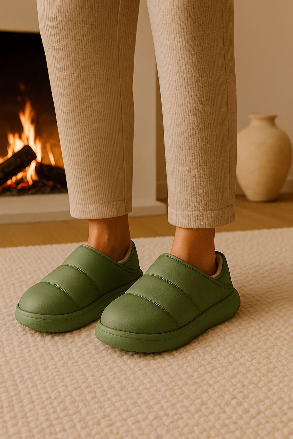 Peluş İçi Yünlü Kışlık Panduf Yeşil Kadın Ev Terliği