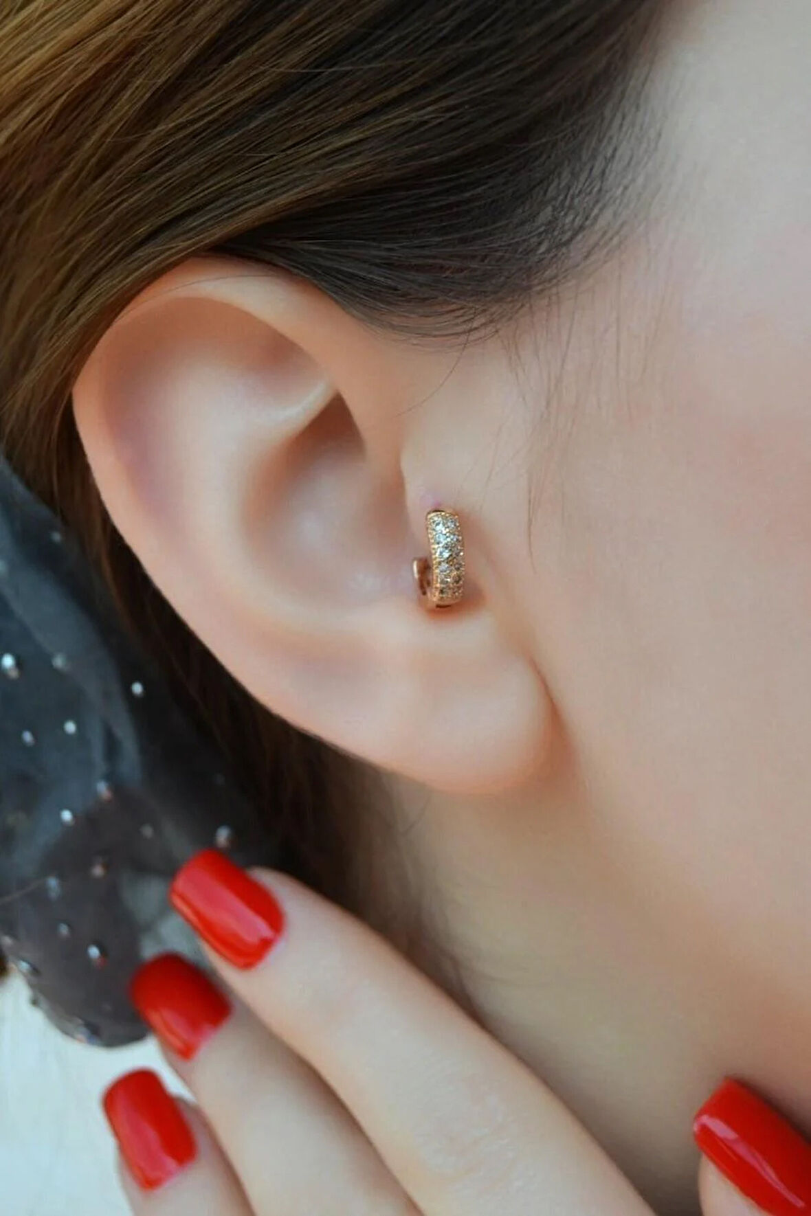 Bombeli Taşlı Halka Tragus Piercing Helix Kıkırdak Rose Gold Renk