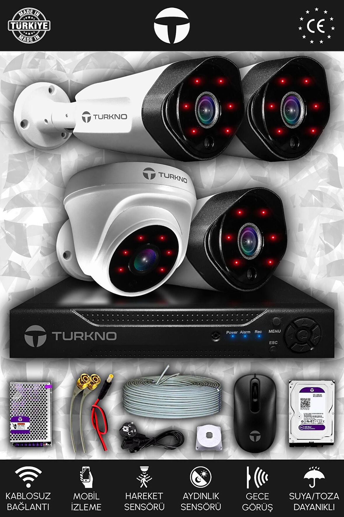Turkno Galia A Serisi 3 Dış 1 İç Kamera Gece Görüşlü 250 GB Güvenlik Sistemi Seti