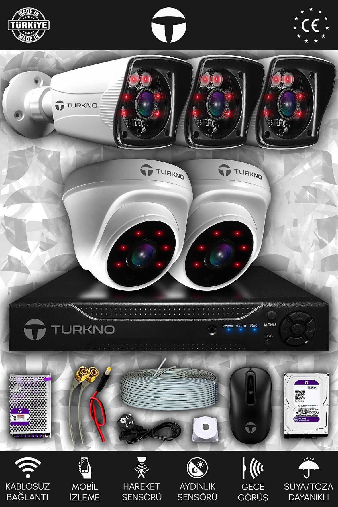 Turkno Karia A Serisi 3 Dış 2 İç Kamera Gece Görüşlü 320 GB Güvenlik Sistemi Seti