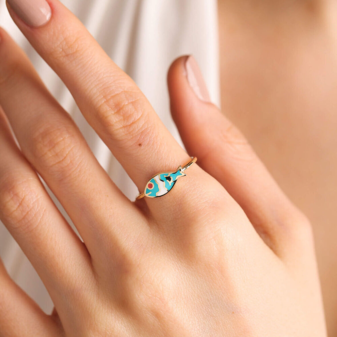 Altın Balık Yüzük 14K Kırmızı Göz